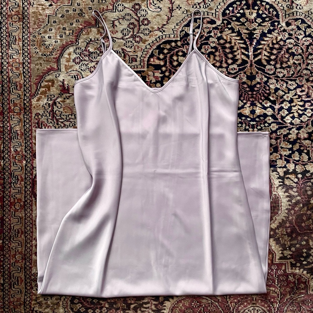 NWT Banana Republic V-Neck Midi Slip Dress, Gray Violet satin. Tall Long. - Picture 2 of 6